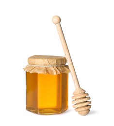 Photo of Tasty natural honey in glass jar and dipper isolated on white