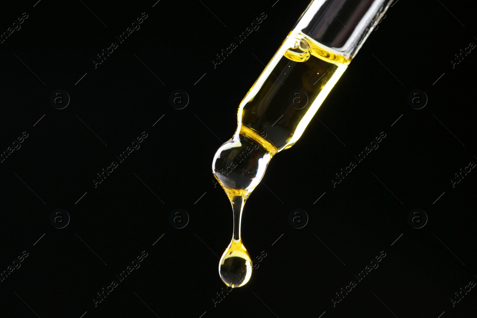 Photo of Dripping tincture from pipette on black background, closeup. Space for text