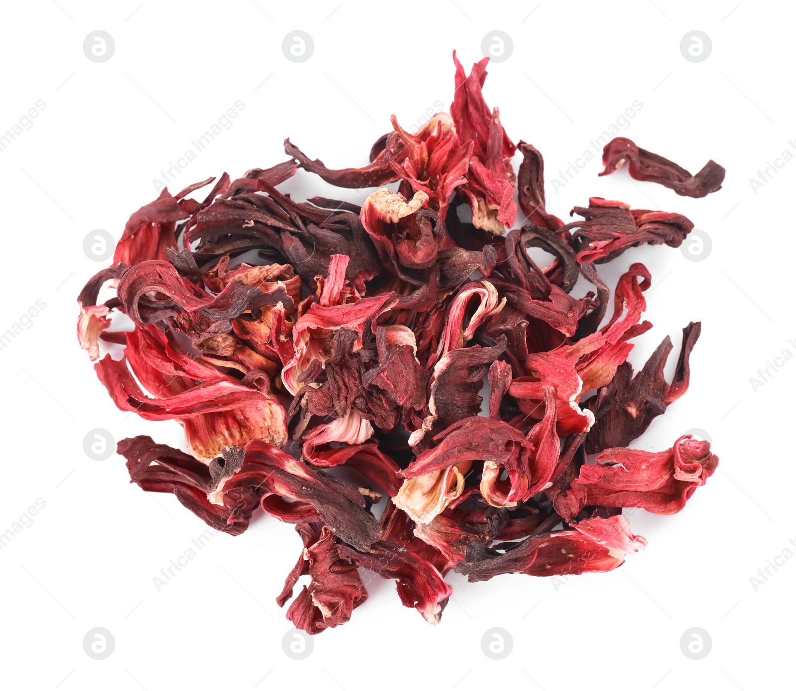 Photo of Pile of dry hibiscus tea isolated on white, top view