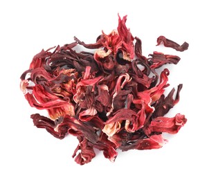 Photo of Pile of dry hibiscus tea isolated on white, top view