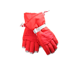 Photo of Pair of red ski gloves isolated on white. Winter sports clothes