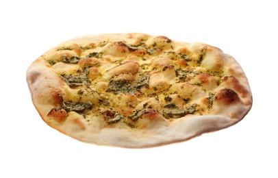 Photo of Traditional Italian focaccia bread with guacamole isolated on white