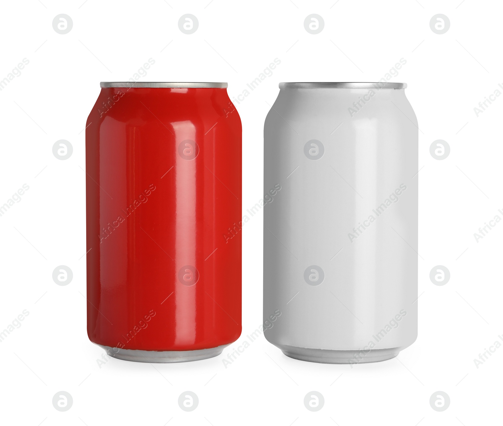 Photo of Aluminum cans with drinks on white background