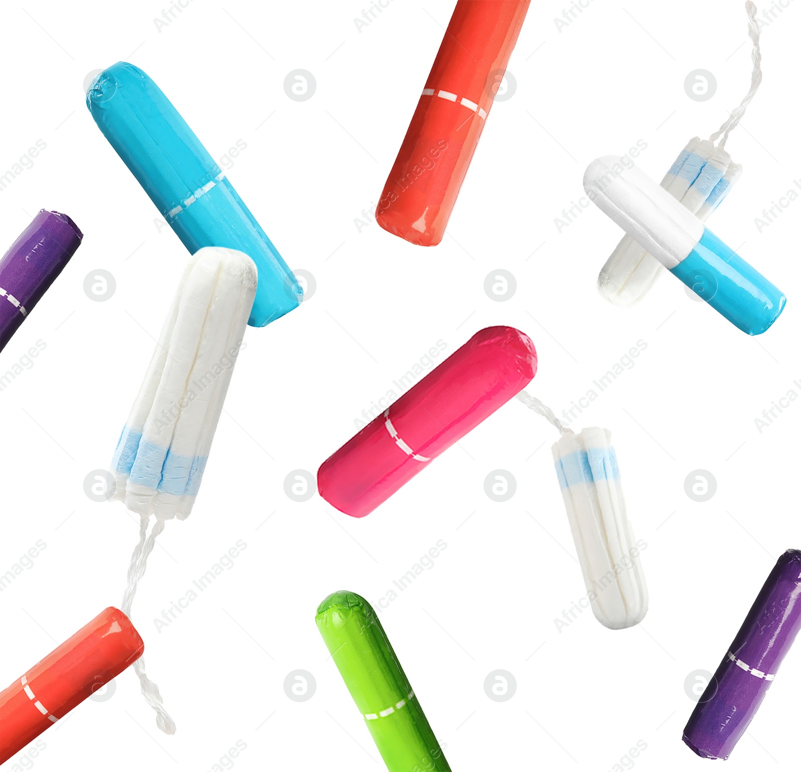 Image of Many tampons falling on white background. Menstrual hygienic product