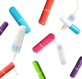 Many tampons falling on white background. Menstrual hygienic product