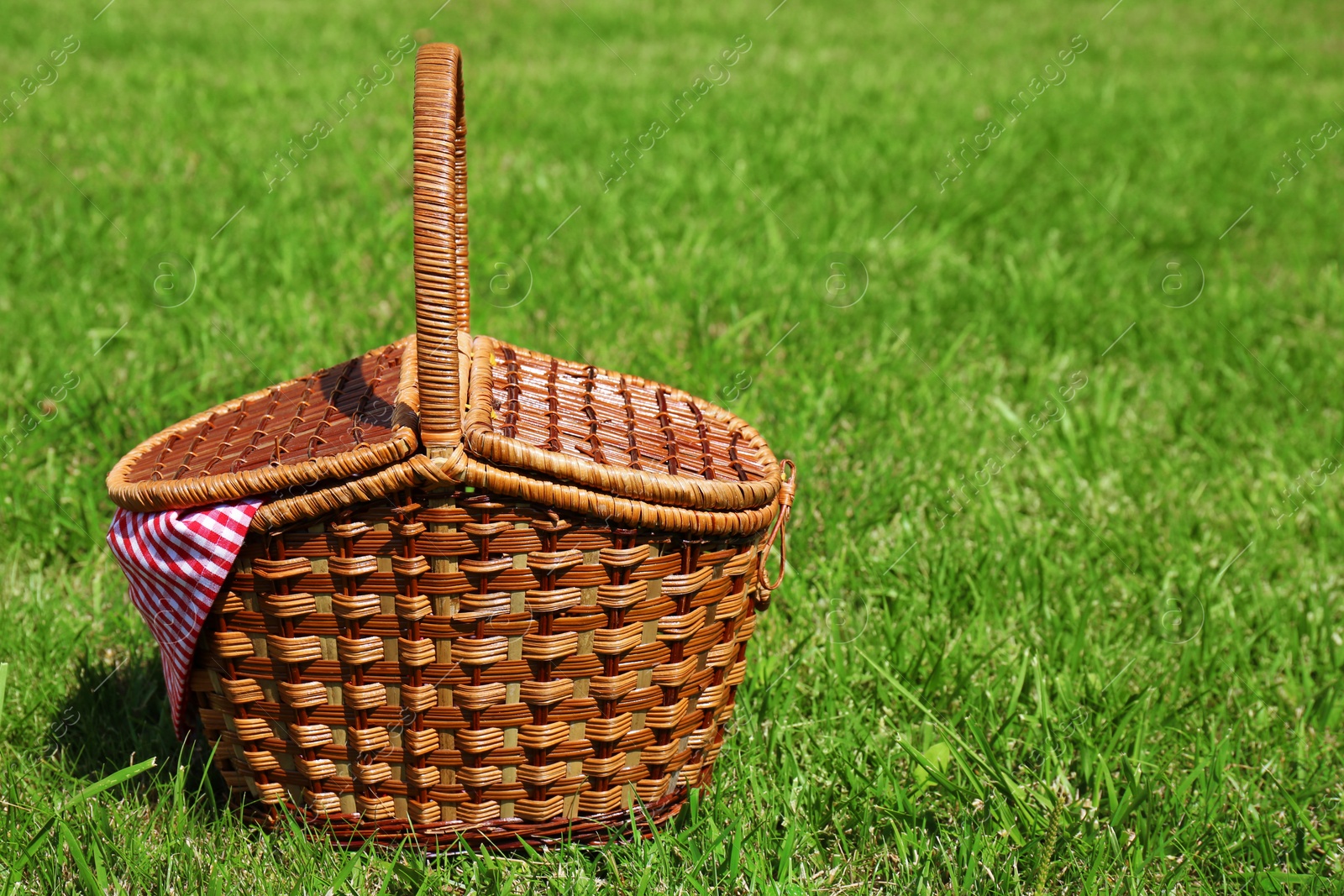 Photo of Wicker basket on green lawn prepared for picnic in park