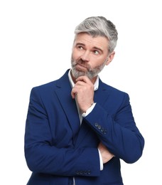 Mature businessman in stylish clothes posing on white background