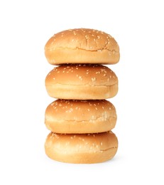 Photo of Many fresh burger buns isolated on white