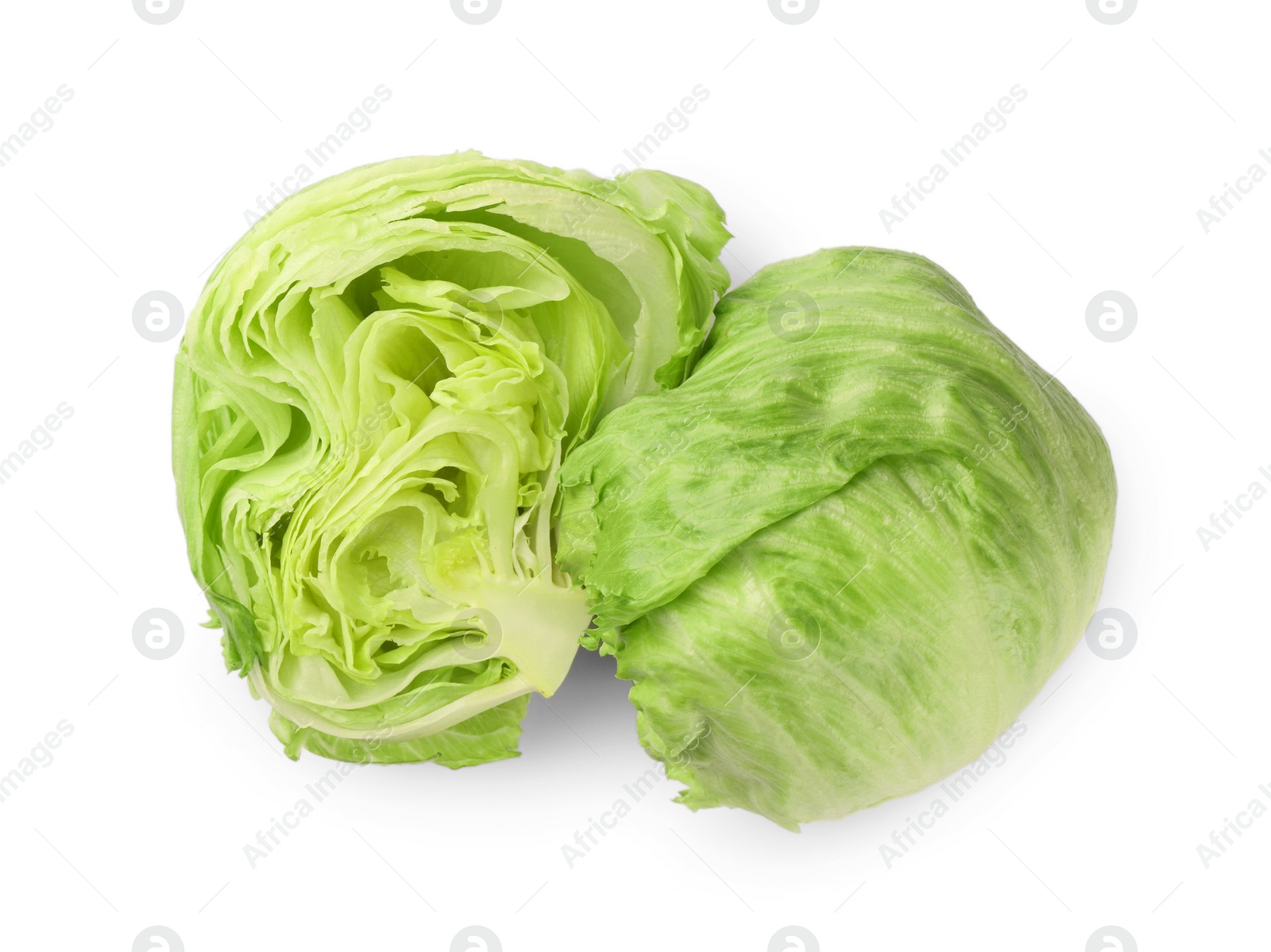 Photo of Whole and cut fresh green iceberg lettuces isolated on white, top view
