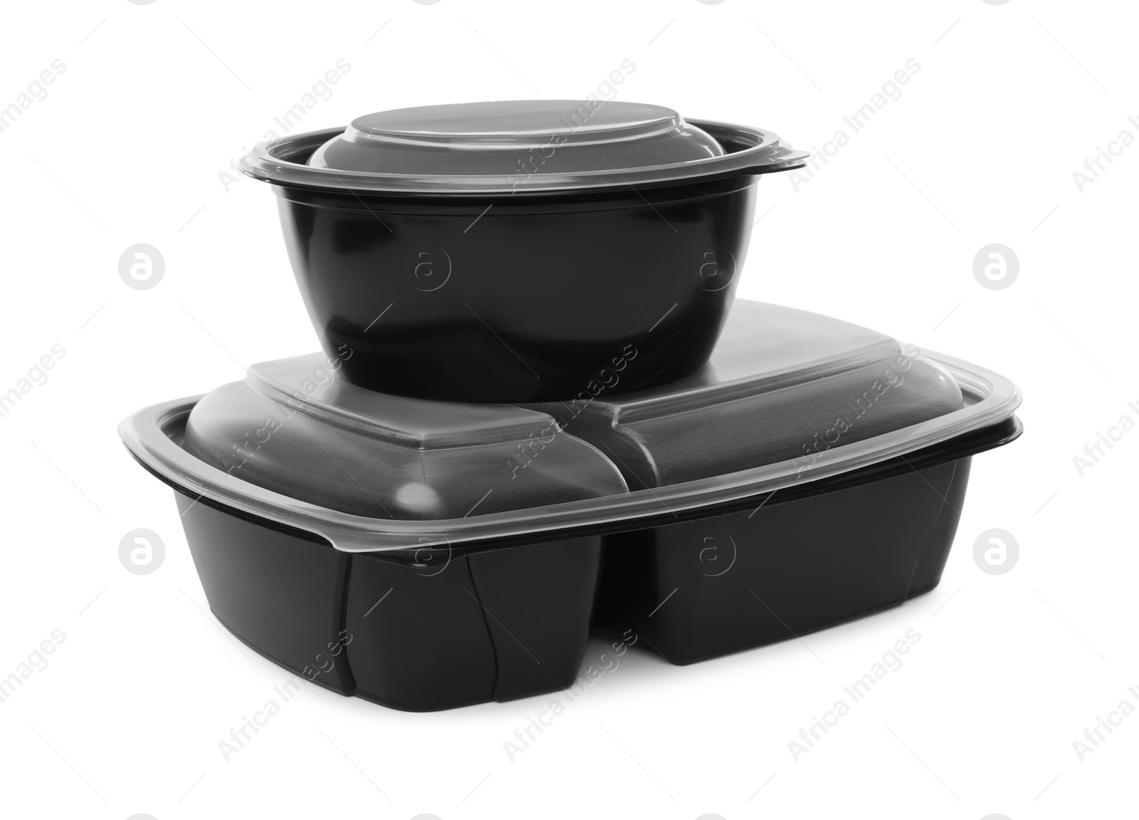 Photo of Empty plastic container and bowl for food on white background