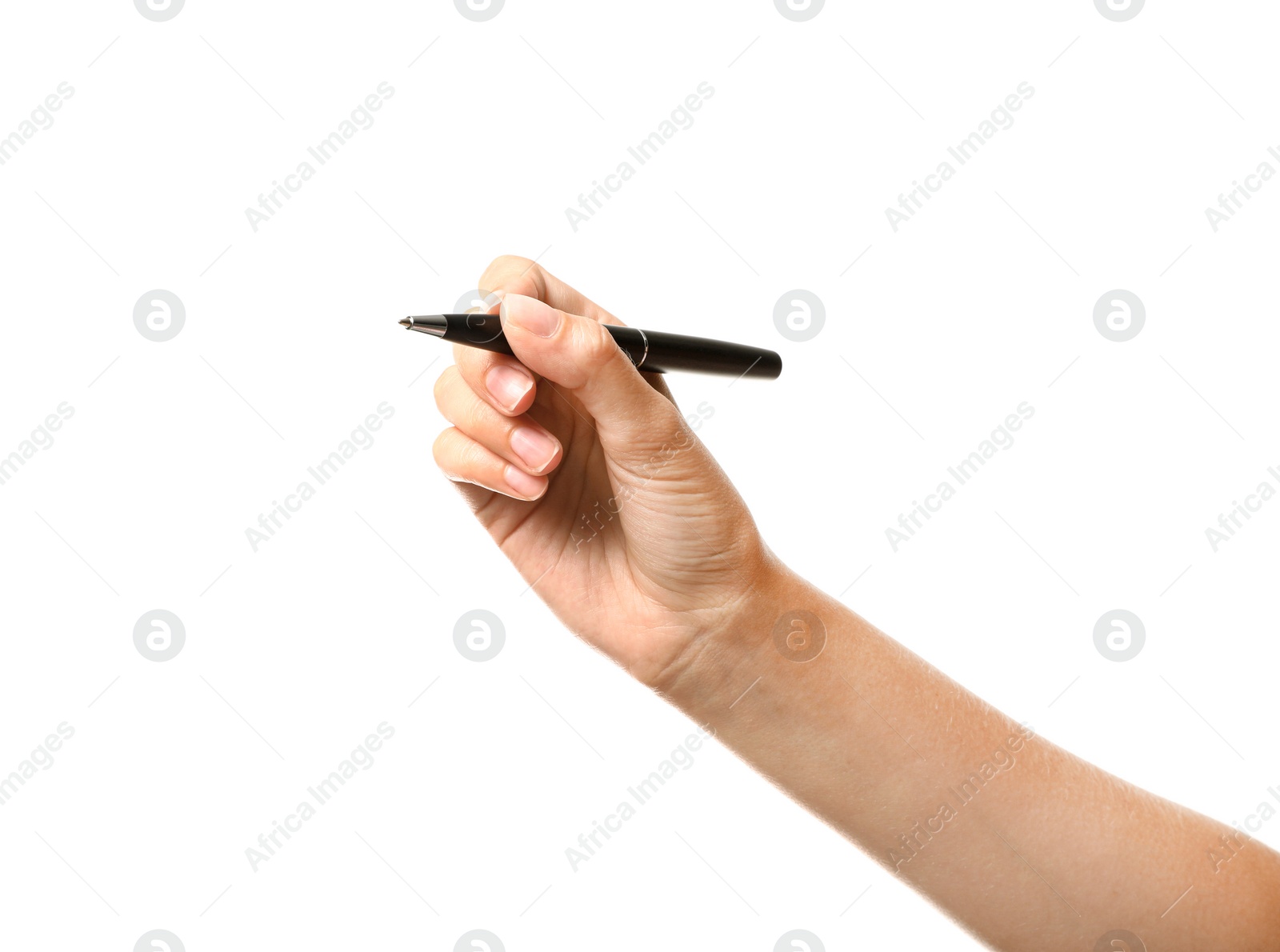 Photo of Young woman holding pen on white background, closeup