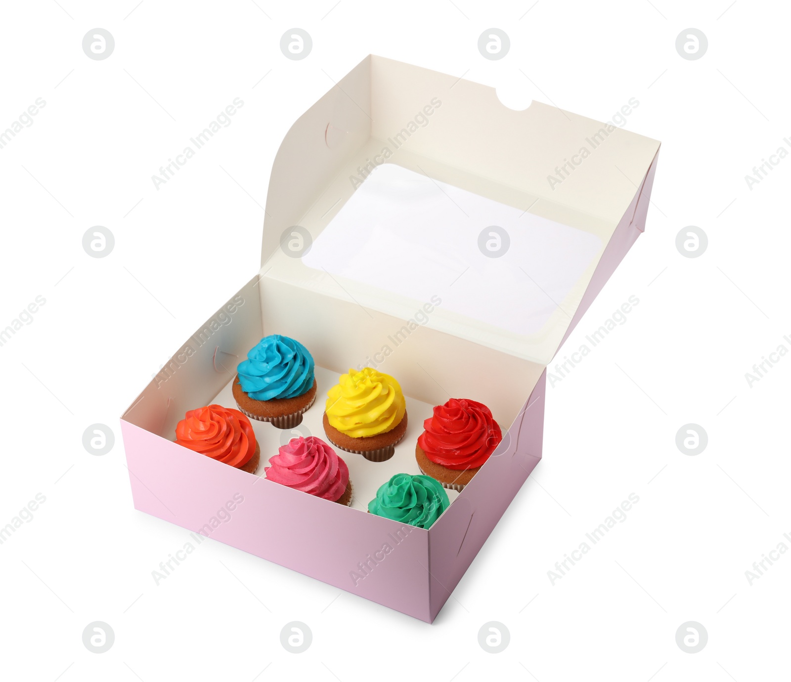 Photo of Box with different cupcakes on white background