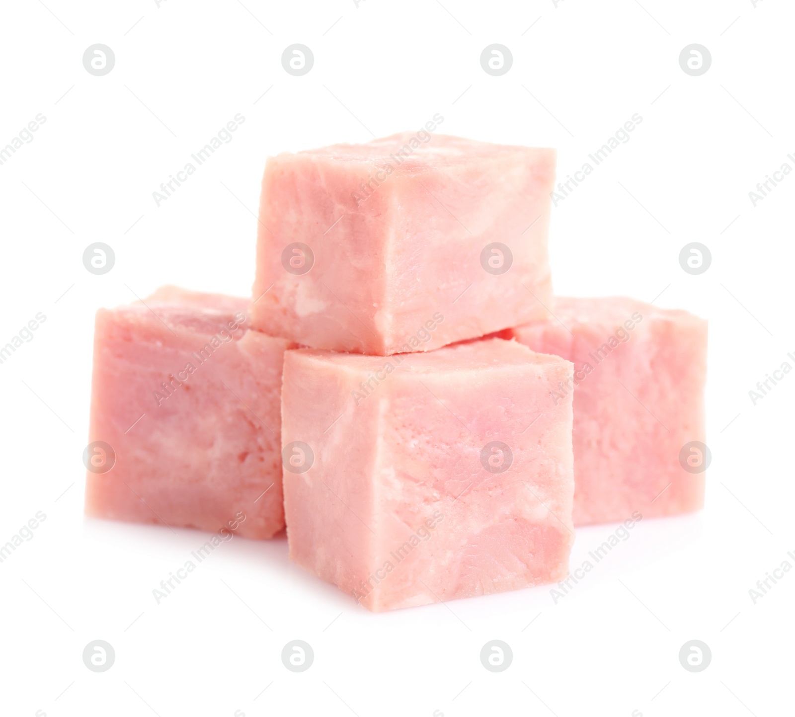 Photo of Cubes of tasty fresh ham isolated on white