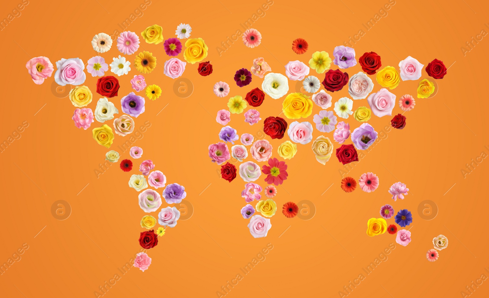 Image of World map made of beautiful flowers on orange background, banner design