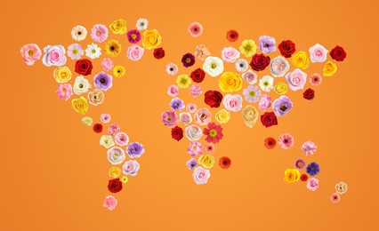 World map made of beautiful flowers on orange background, banner design