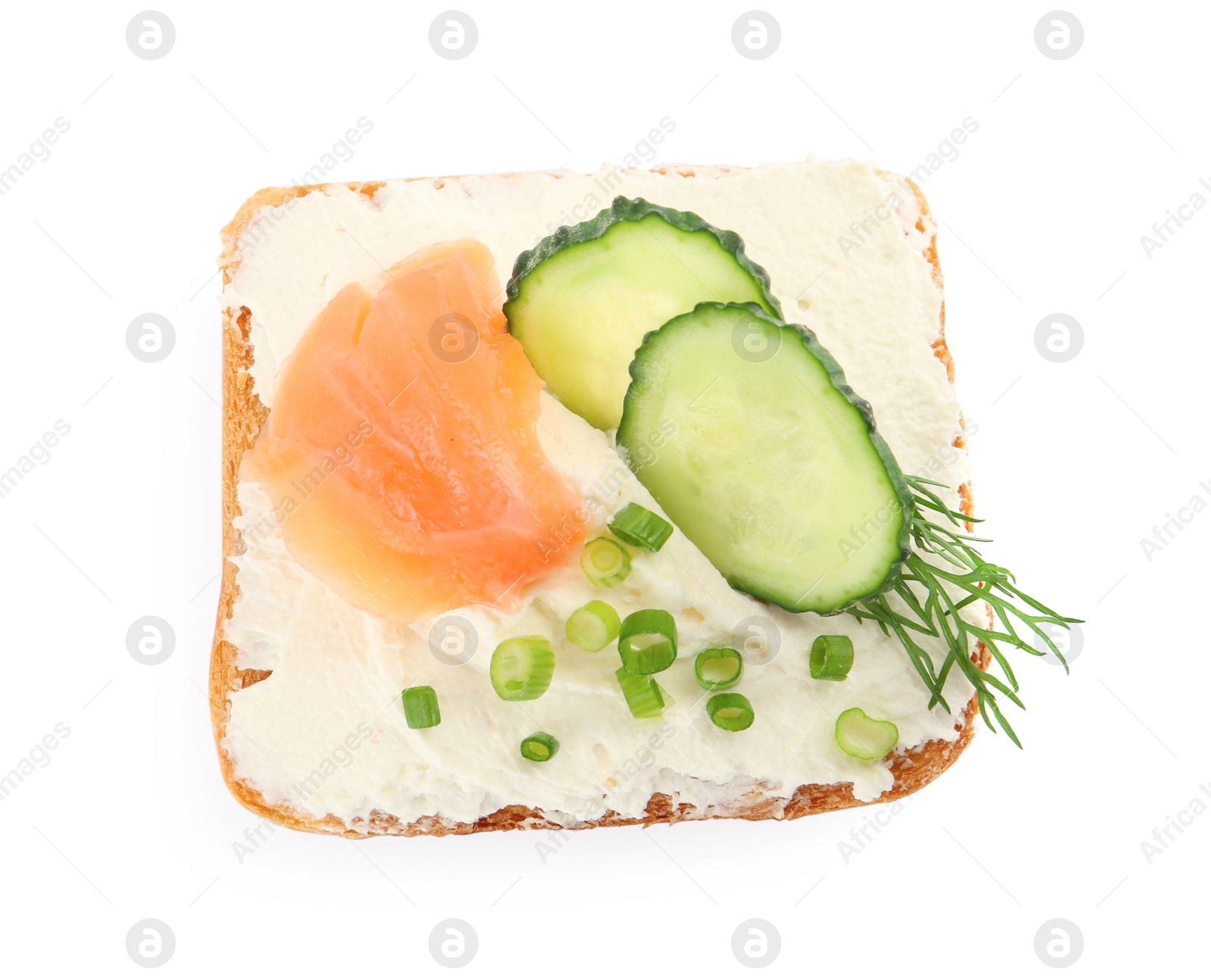 Photo of Delicious sandwich with cream cheese, salmon, cucumber and herbs isolated on white, top view