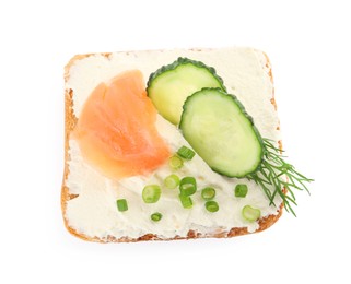 Delicious sandwich with cream cheese, salmon, cucumber and herbs isolated on white, top view