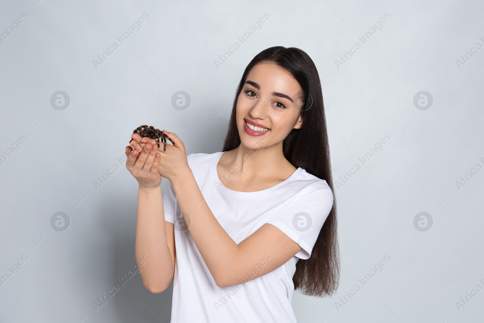 Photo of Woman holding striped knee tarantula on light background. Exotic pet