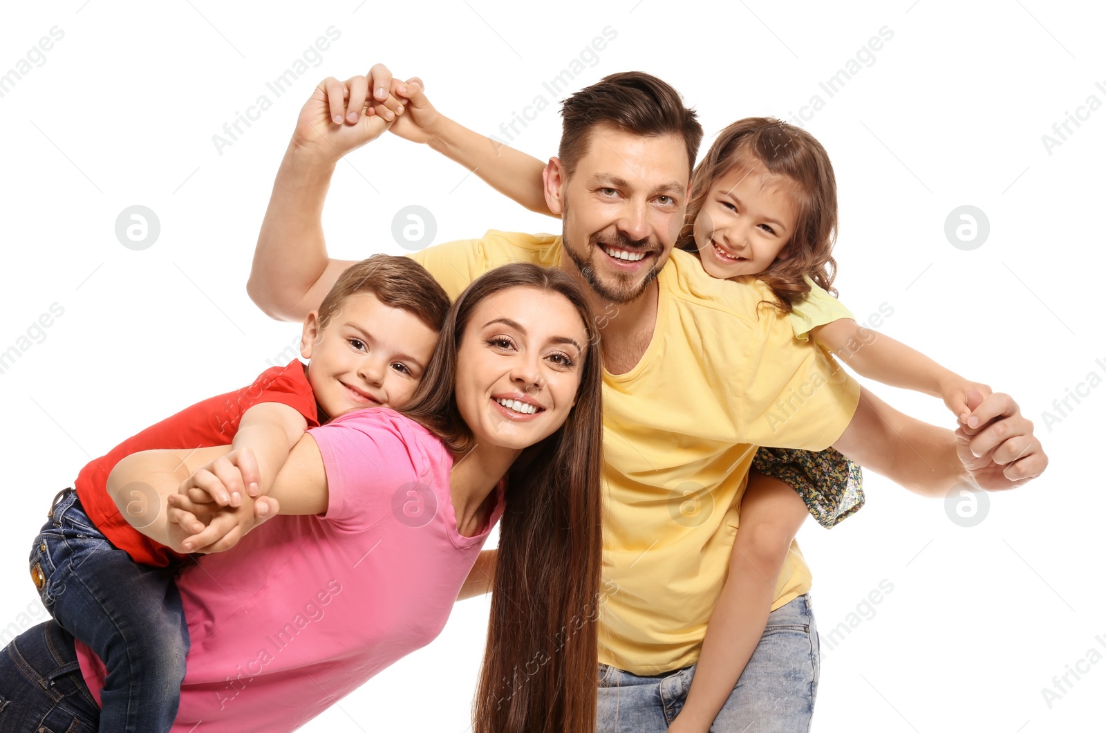 Photo of Portrait of happy family with children on white background