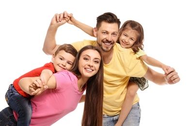 Portrait of happy family with children on white background
