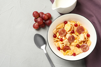 Photo of Tasty healthy breakfast served on table, flat lay