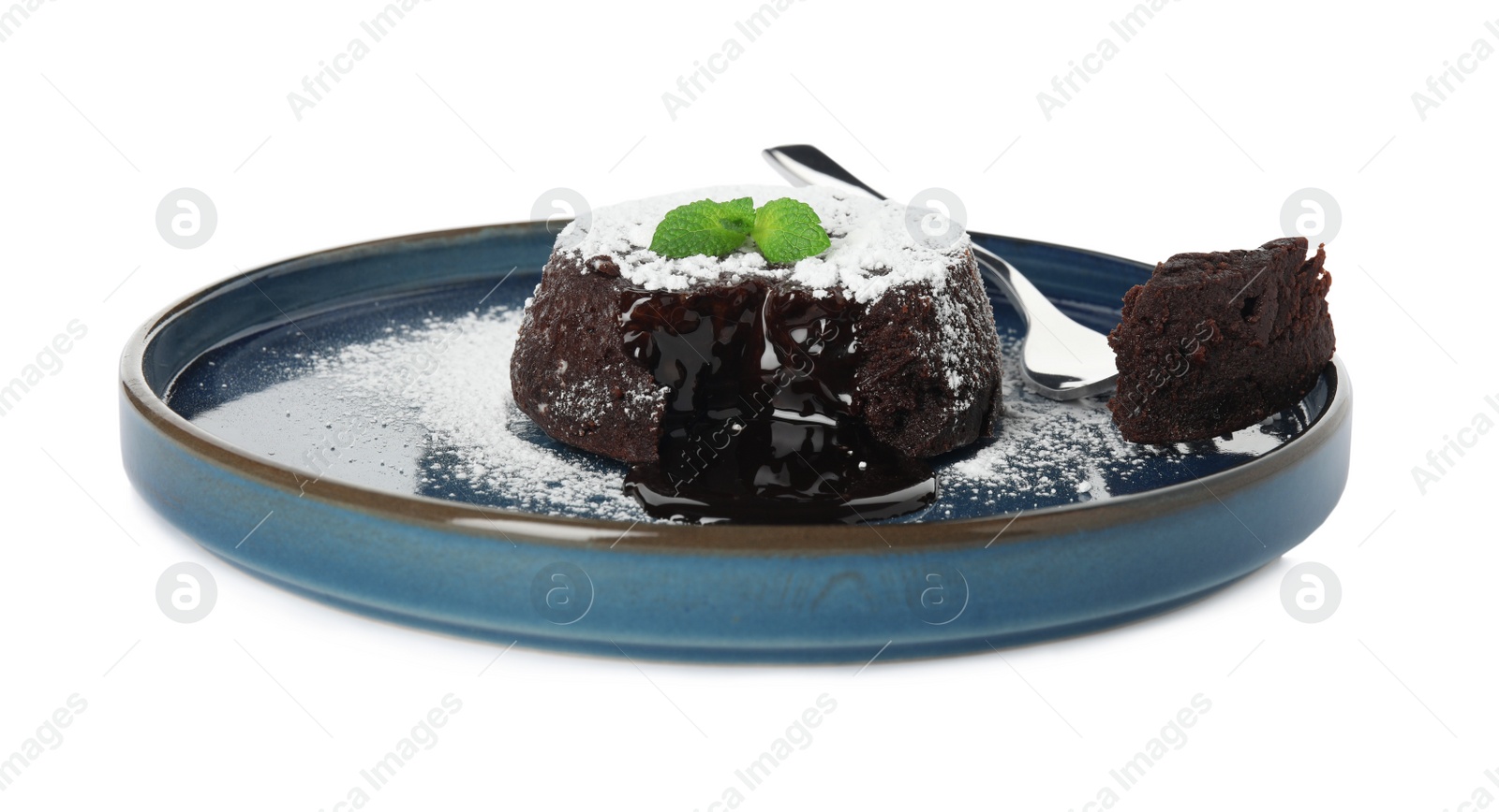Photo of Delicious fresh fondant with hot chocolate and mint isolated on white