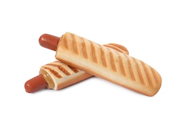 Photo of Tasty french hot dogs with mustard and ketchup isolated on white