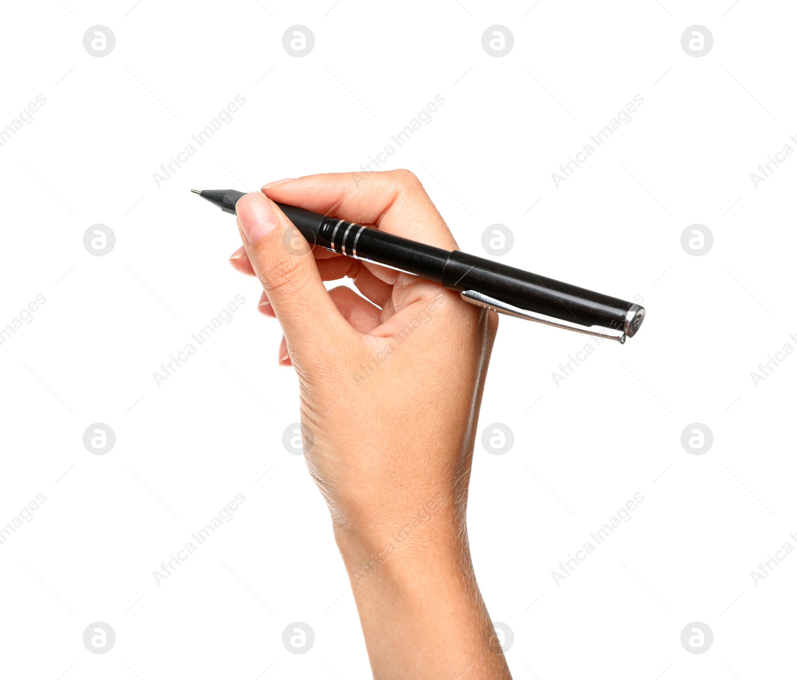 Photo of Young woman holding pen on white background, closeup