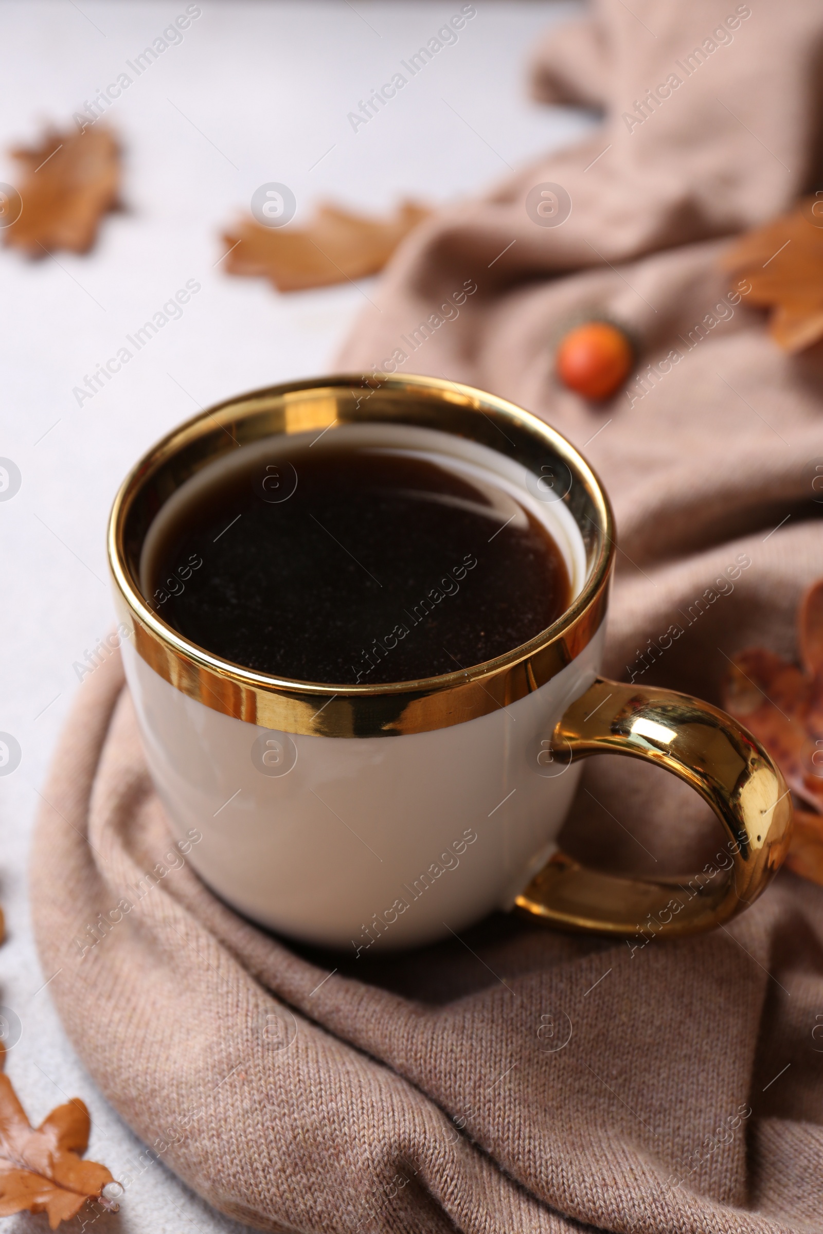 Photo of Composition with cup of hot drink and autumn leaves on light grey textured table, closeup