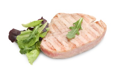 Photo of Delicious tuna steak with salad isolated on white