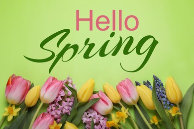 Image of Hello Spring card. Beautiful flowers on green background, flat lay