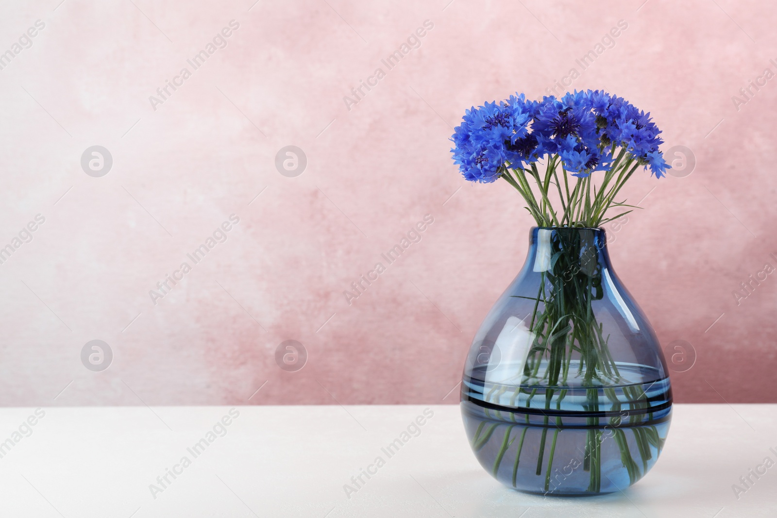 Photo of Bouquet of beautiful cornflowers in glass vase on light table. Space for text