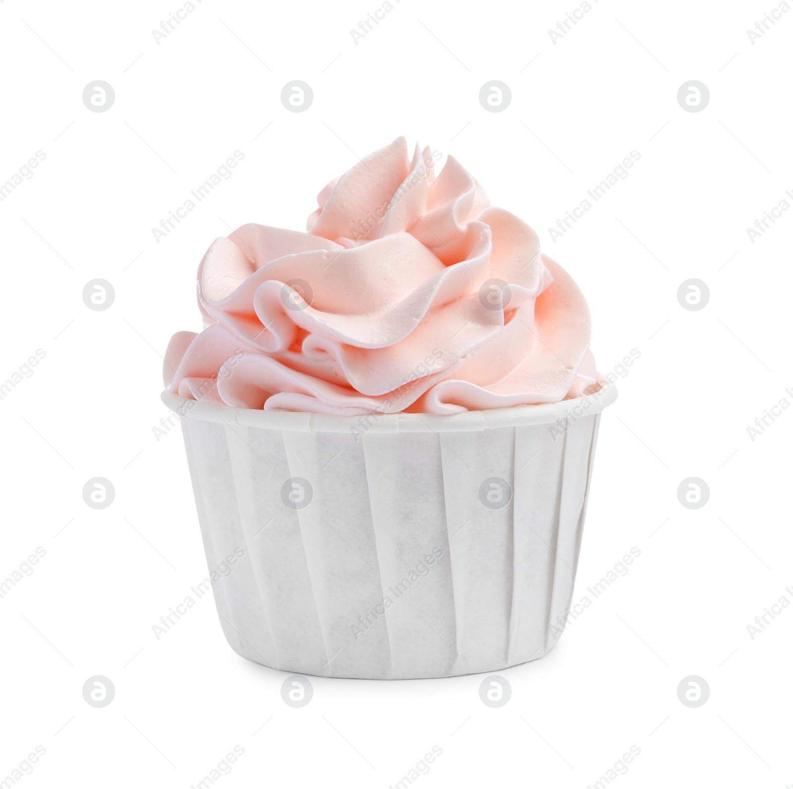 Photo of One tasty cupcake with cream isolated on white