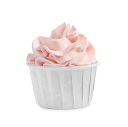 Photo of One tasty cupcake with cream isolated on white