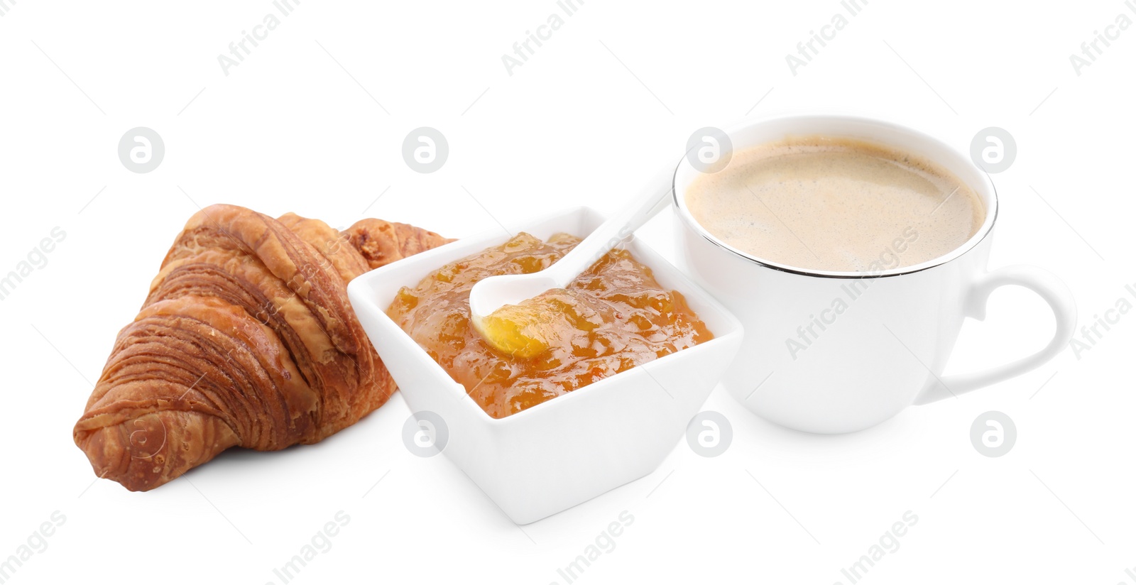 Photo of Fresh croissant, jam and coffee isolated on white. Tasty breakfast