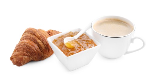 Photo of Fresh croissant, jam and coffee isolated on white. Tasty breakfast