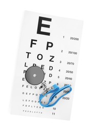 Eye chart test and head mirror on white background, top view. Ophthalmologist tools