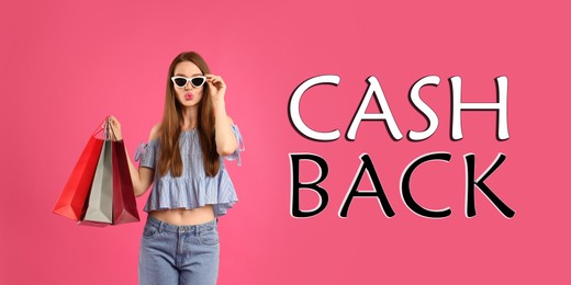 Image of Beautiful woman with shopping bags and words Cash Back on pink background. Banner design