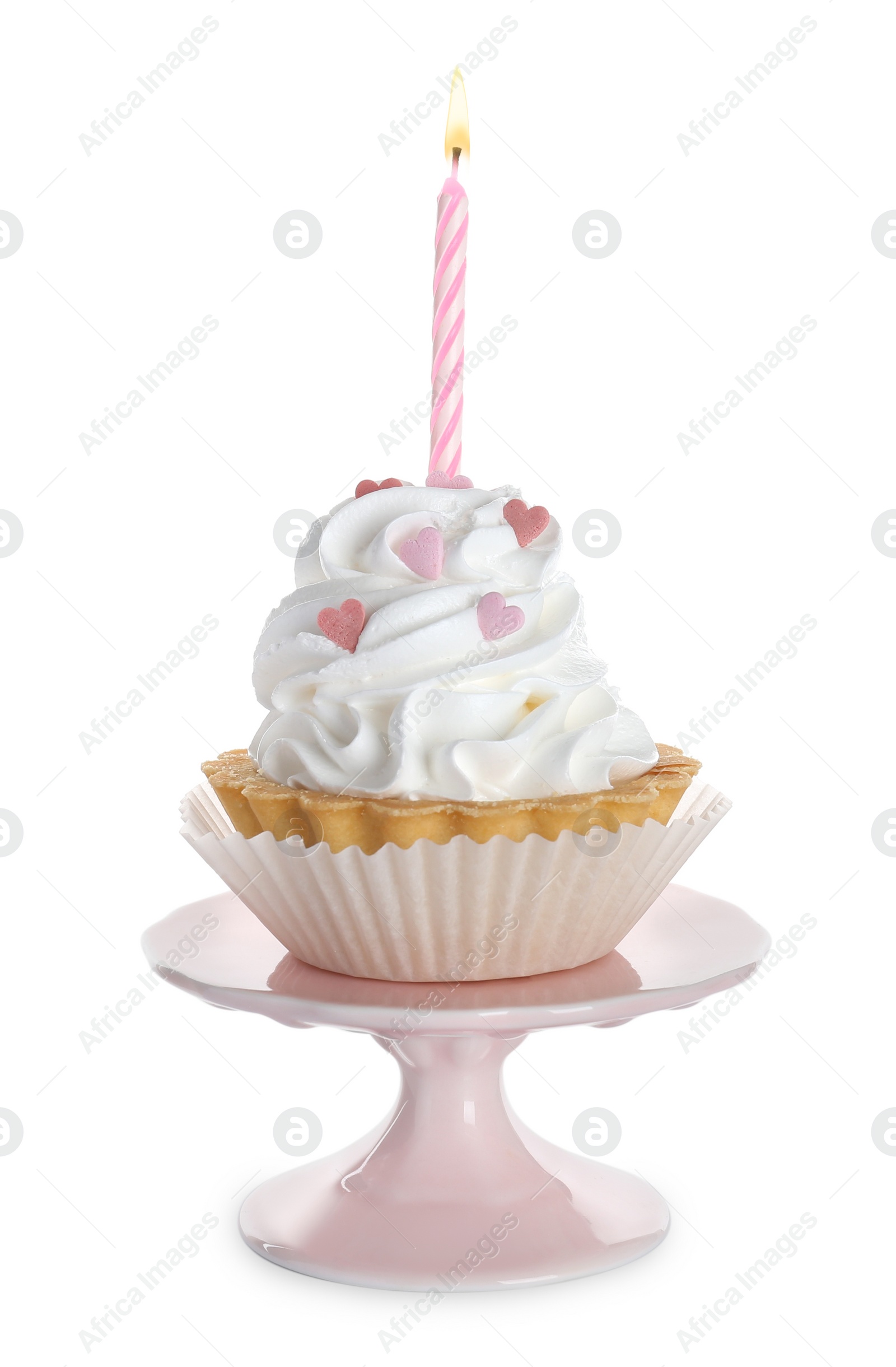 Photo of Delicious cupcake with candle on white background