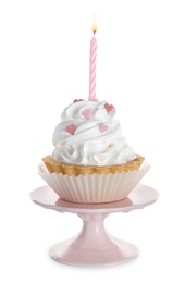 Photo of Delicious cupcake with candle on white background