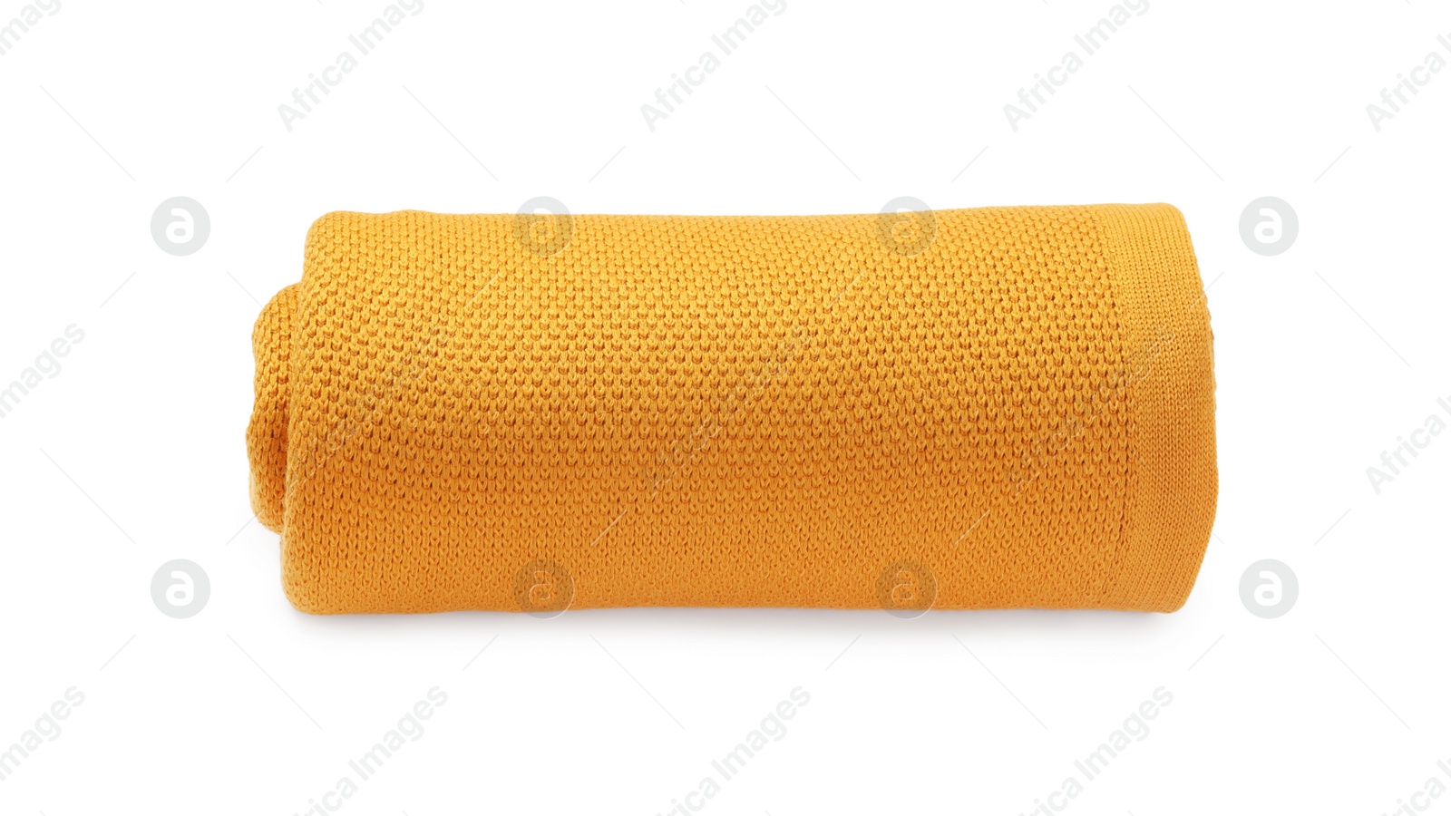 Photo of Beautiful yellow knitted blanket isolated on white, top view