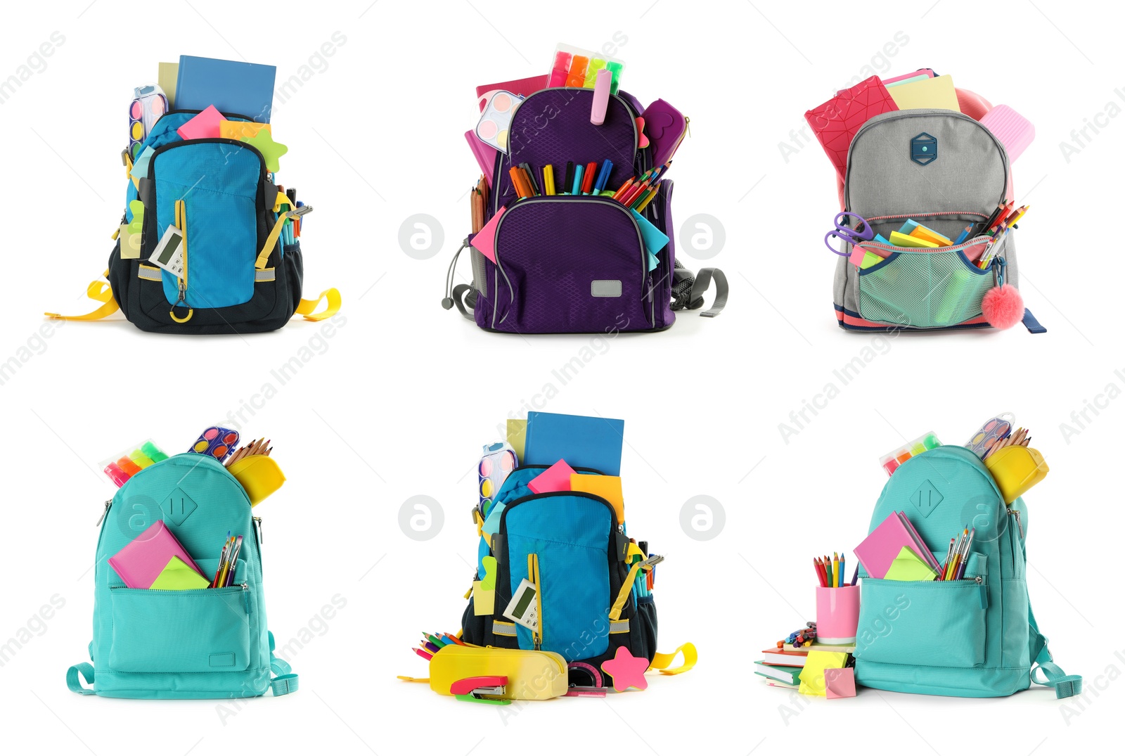Image of Set of backpacks with bright school stationery on white background 