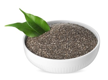 Photo of Chia seeds and leaves in bowl isolated on white