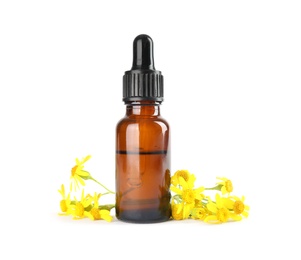 Bottle of herbal essential oil and flowers isolated on white