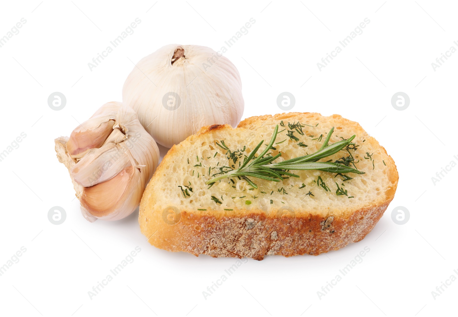 Photo of Piece of tasty baguette with garlic, rosemary and dill isolated on white