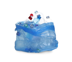 Photo of Blue bag with used bottles isolated on white. Plastic recycling