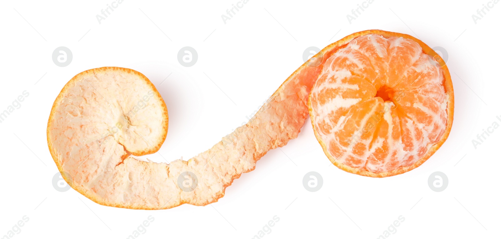 Photo of Peeled fresh ripe tangerine isolated on white, top view
