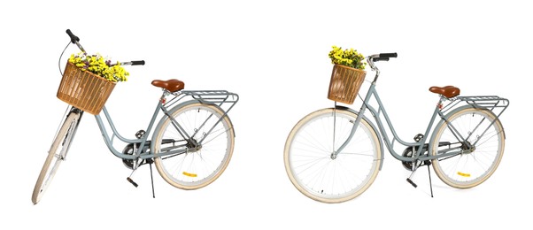 Image of Bicycle with wicker basket on white background, views from different sides. Banner collage design