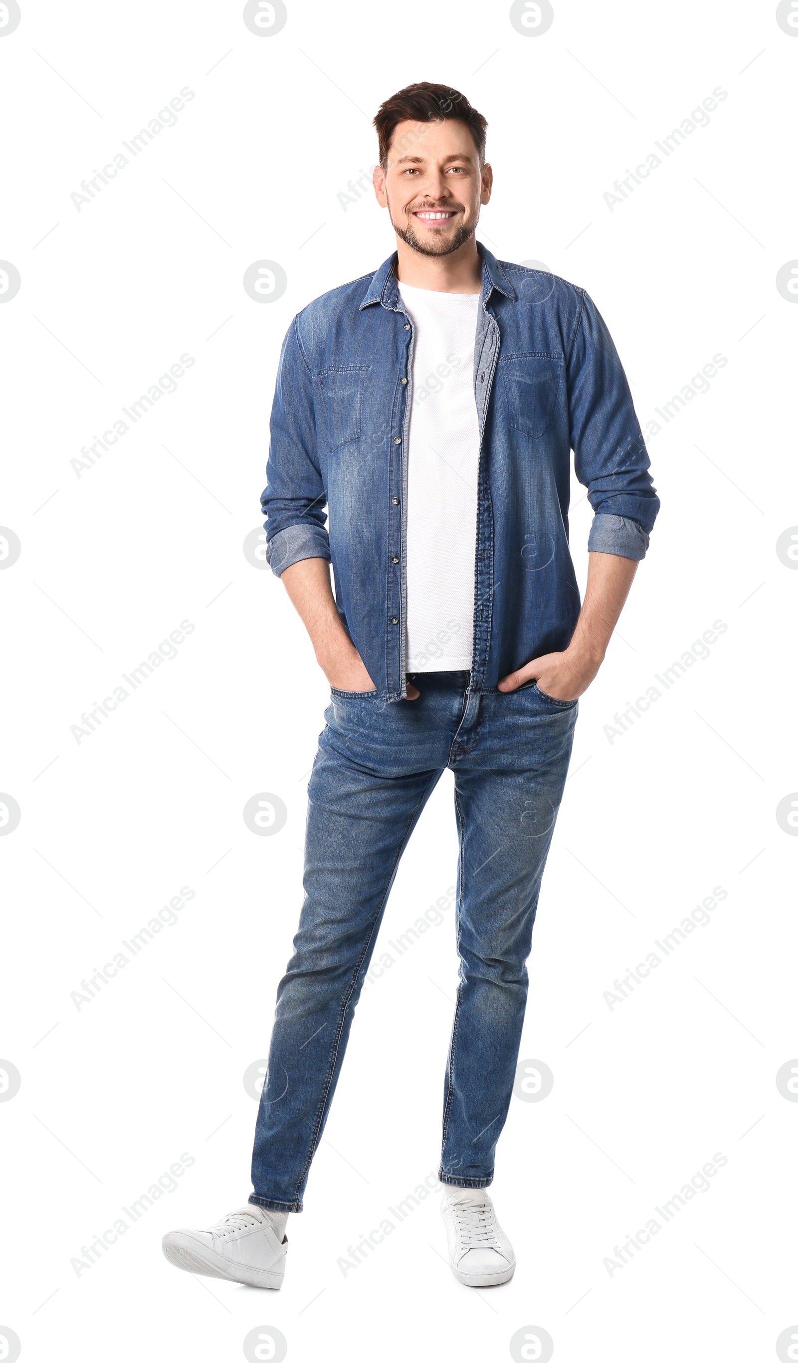 Photo of Full length portrait of handsome man posing on white background