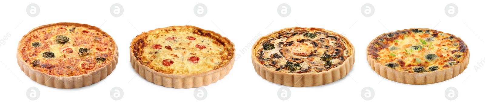 Image of Different tasty quiches isolated on white, set